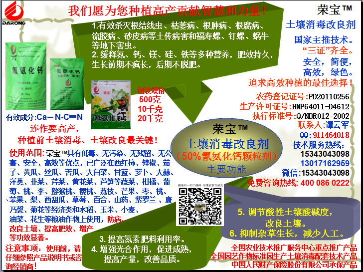榮寶（氰氨化鈣）顆粒殺菌劑，土壤消毒、緩釋氮鈣營(yíng)養(yǎng)、肥料增效、土壤改良四效合一，殺滅根結(jié)線(xiàn)蟲(chóng)，防治根腫病、根腐病、枯萎病、流膠病、蓮藕腐敗病等土傳病害，殺滅福壽螺、釘螺等地下害蟲(chóng)，解決連作障礙